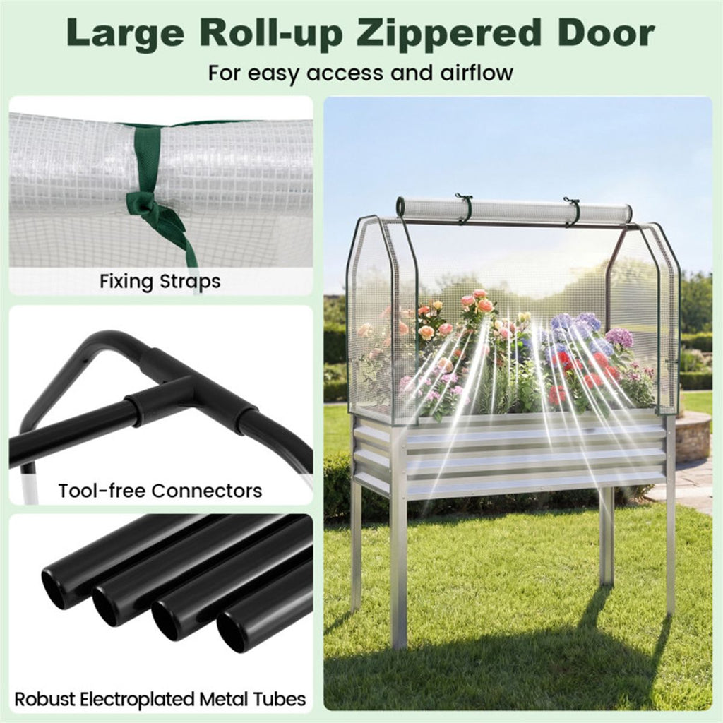 3-in-1 Metal Raised Garden Bed with Mini Greenhouse Cover, Elevated Planter Box - Silver