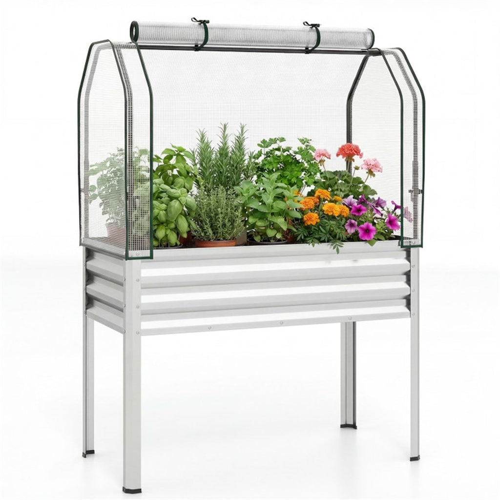 3-in-1 Metal Raised Garden Bed with Mini Greenhouse Cover, Elevated Planter Box - Silver
