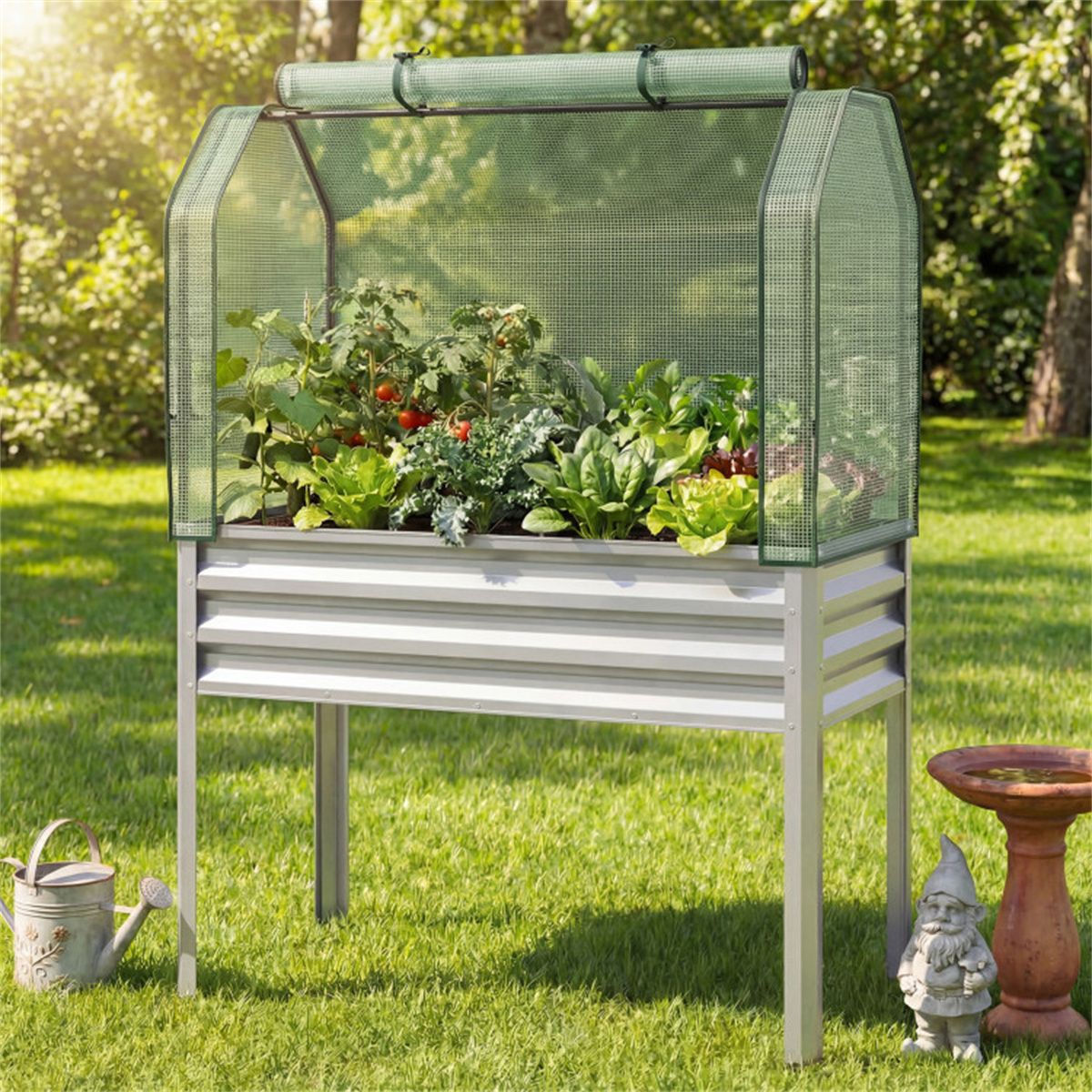 3-in-1 Metal Raised Garden Bed with Mini Greenhouse Cover, Elevated Planter Box - Silver