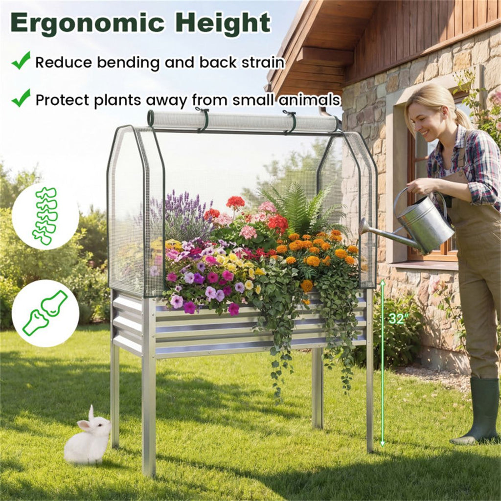 3-in-1 Metal Raised Garden Bed with Mini Greenhouse Cover, Elevated Planter Box - Silver