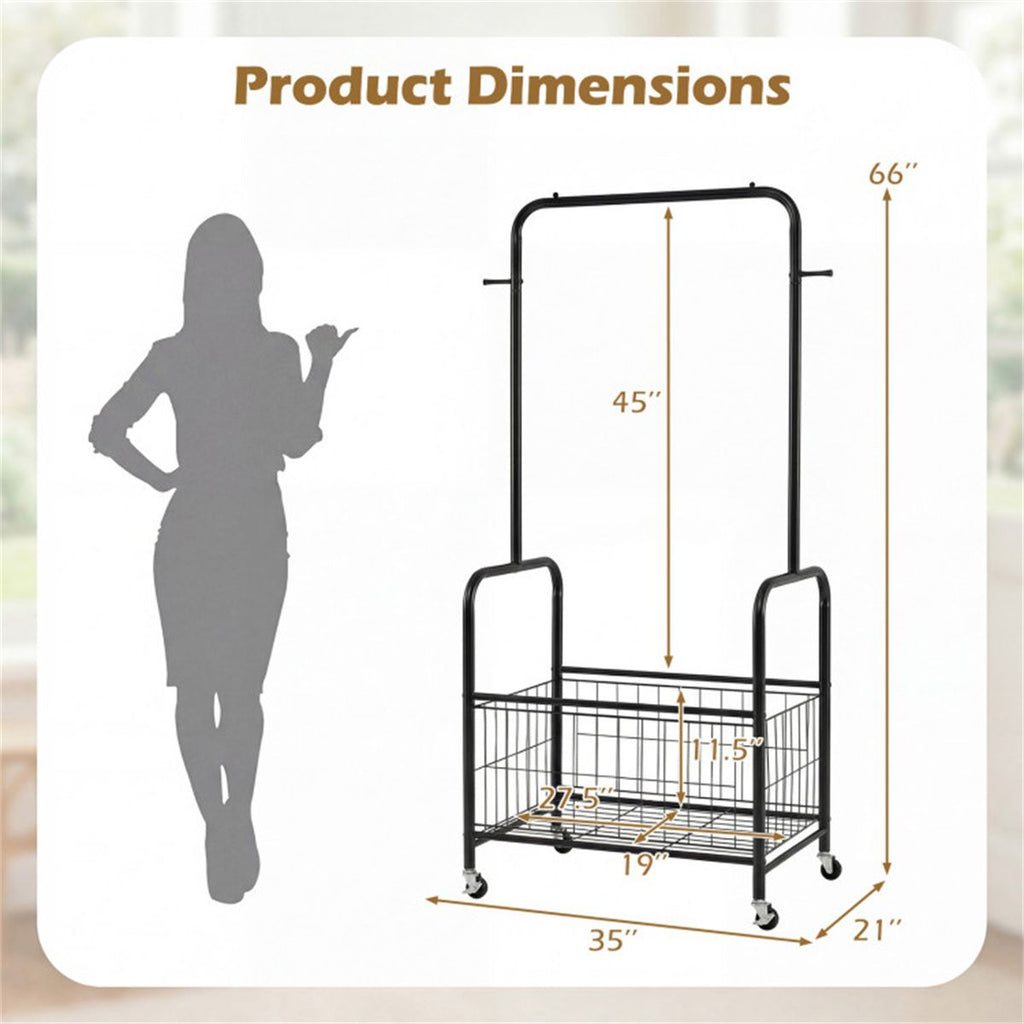Rolling Clothes Rack with Hanging Rod, Side Hooks, and Storage Basket