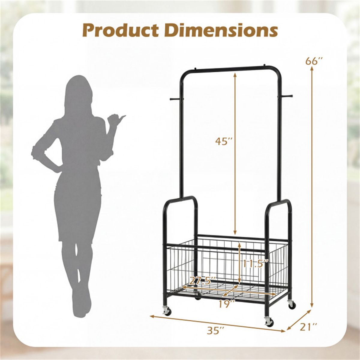 Rolling Clothes Rack with Hanging Rod, Side Hooks, and Storage Basket