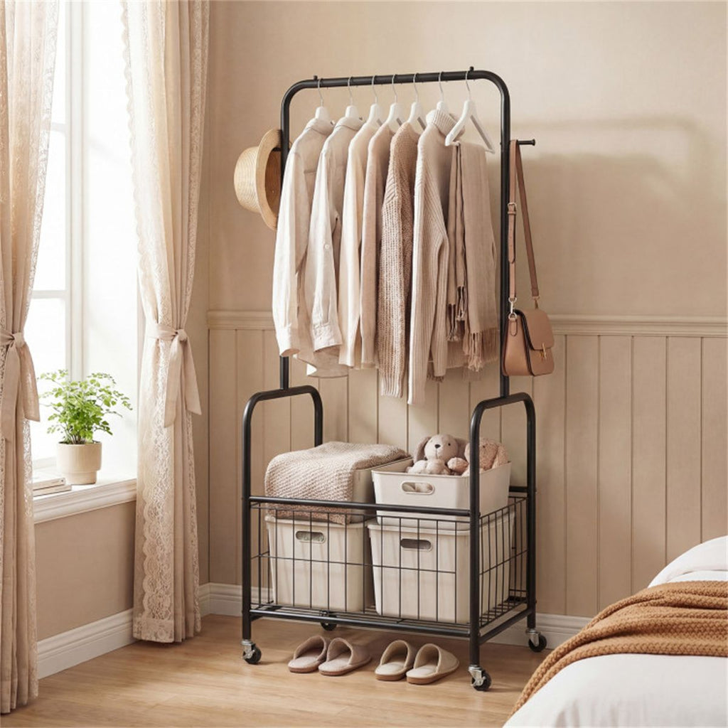 Rolling Clothes Rack with Hanging Rod, Side Hooks, and Storage Basket