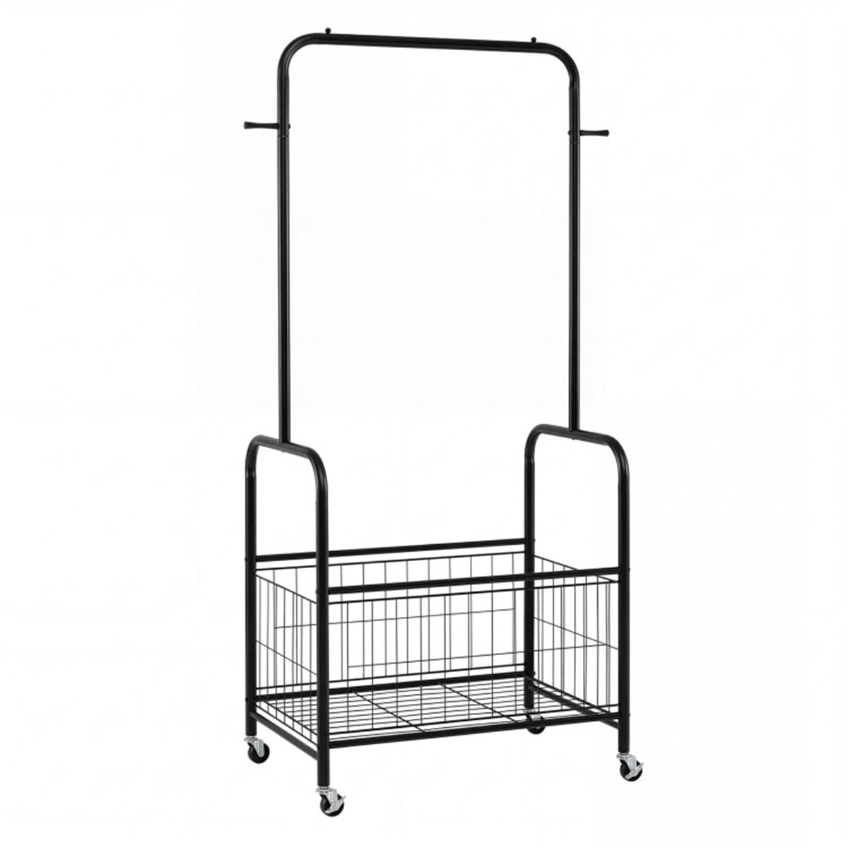 Rolling Clothes Rack with Hanging Rod, Side Hooks, and Storage Basket