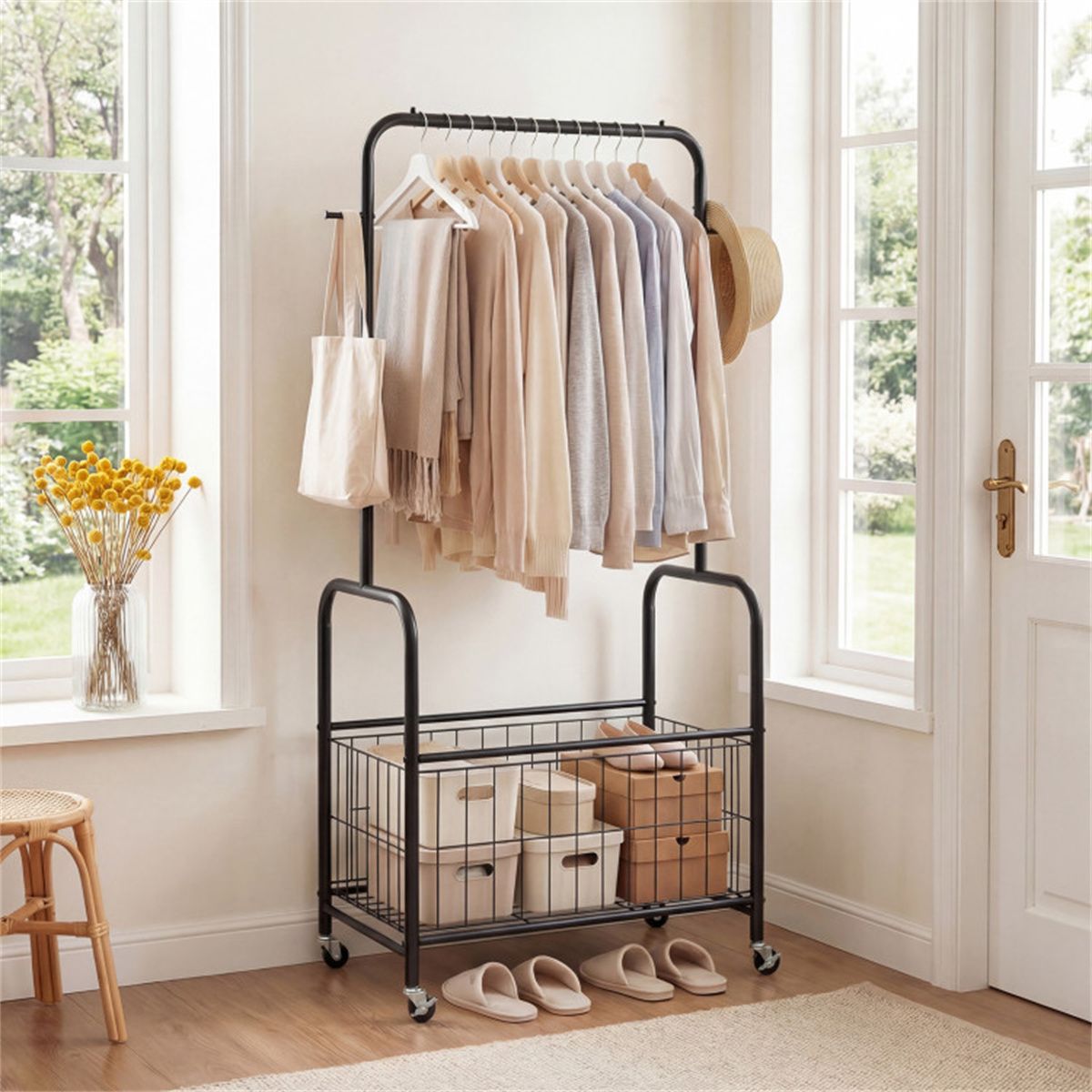 Rolling Clothes Rack with Hanging Rod, Side Hooks, and Storage Basket