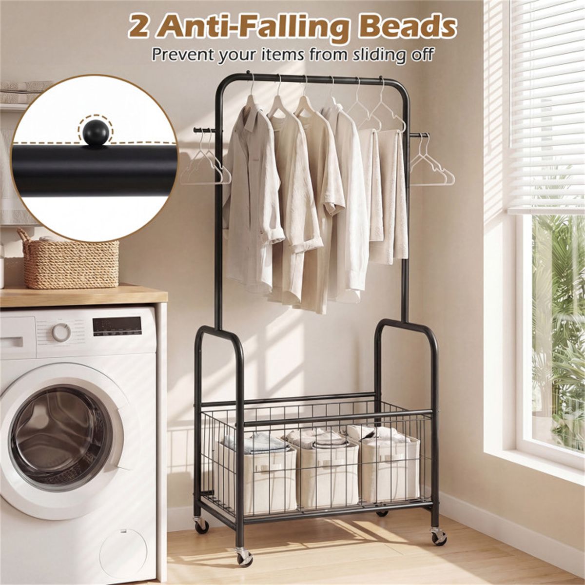 Rolling Clothes Rack with Hanging Rod, Side Hooks, and Storage Basket