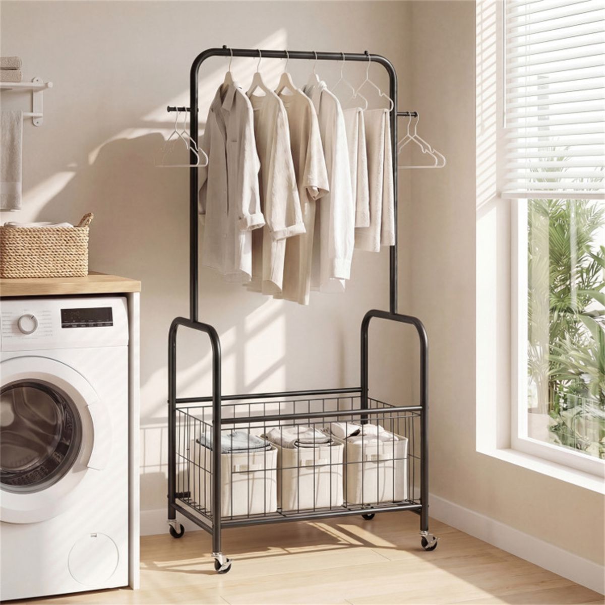 Rolling Clothes Rack with Hanging Rod, Side Hooks, and Storage Basket