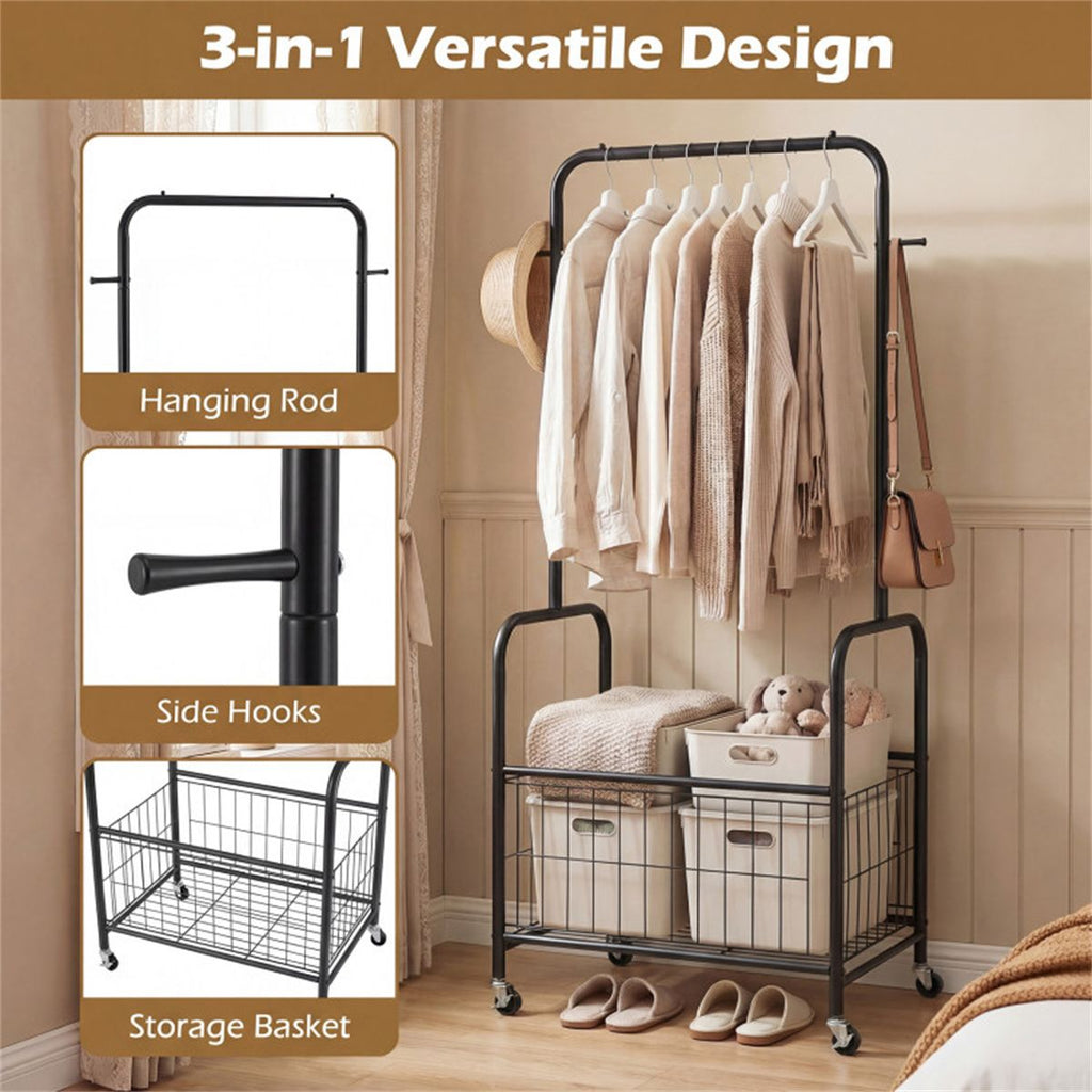 Rolling Clothes Rack with Hanging Rod, Side Hooks, and Storage Basket