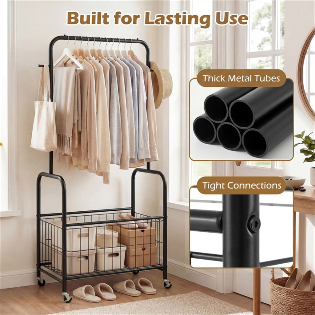Rolling Clothes Rack with Hanging Rod, Side Hooks, and Storage Basket
