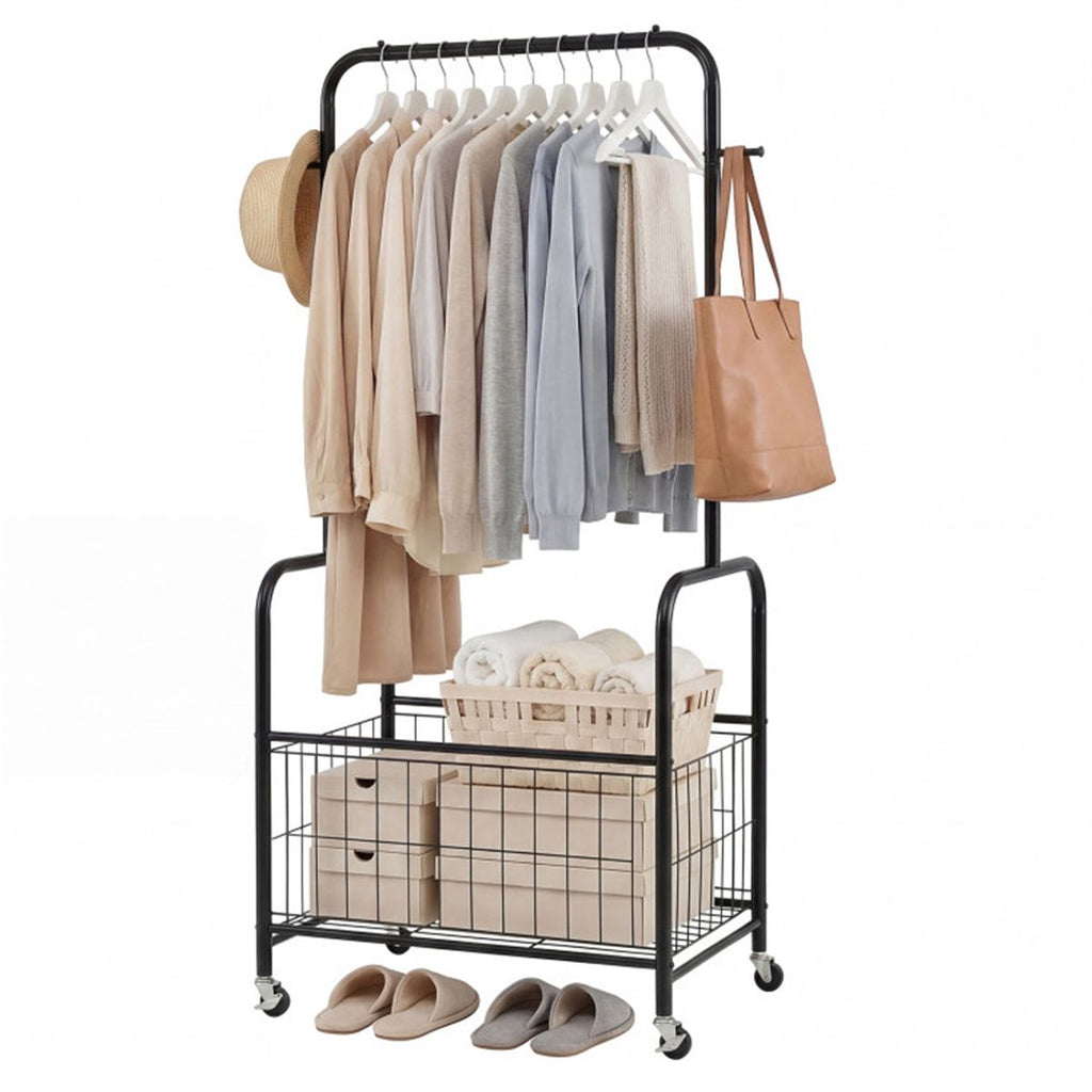 Rolling Clothes Rack with Hanging Rod, Side Hooks, and Storage Basket