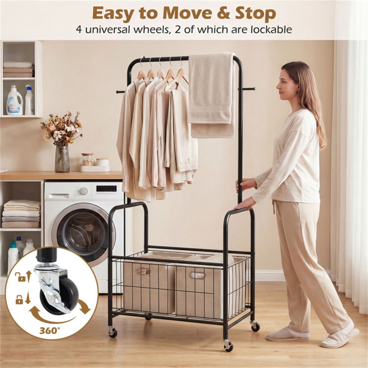 Rolling Clothes Rack with Hanging Rod, Side Hooks, and Storage Basket