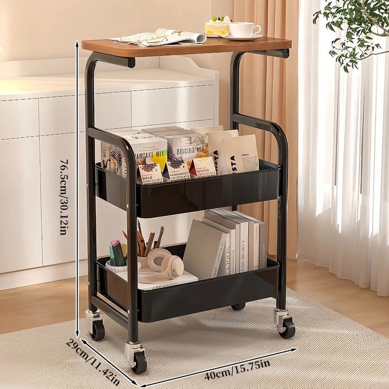Compact Rolling Cart with Baskets and Walnut-Style Top