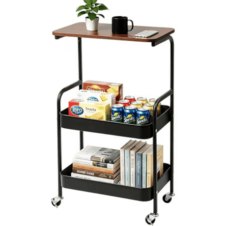 3-Layer Rolling Cart with Lockable Wheel and Wooden Top