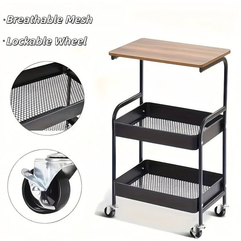 Compact Rolling Cart with Baskets and Walnut-Style Top