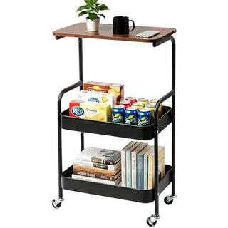 Compact Rolling Cart with Baskets and Walnut-Style Top