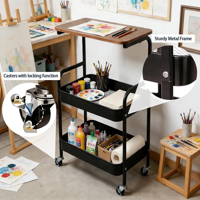 Compact Rolling Cart with Baskets and Walnut-Style Top
