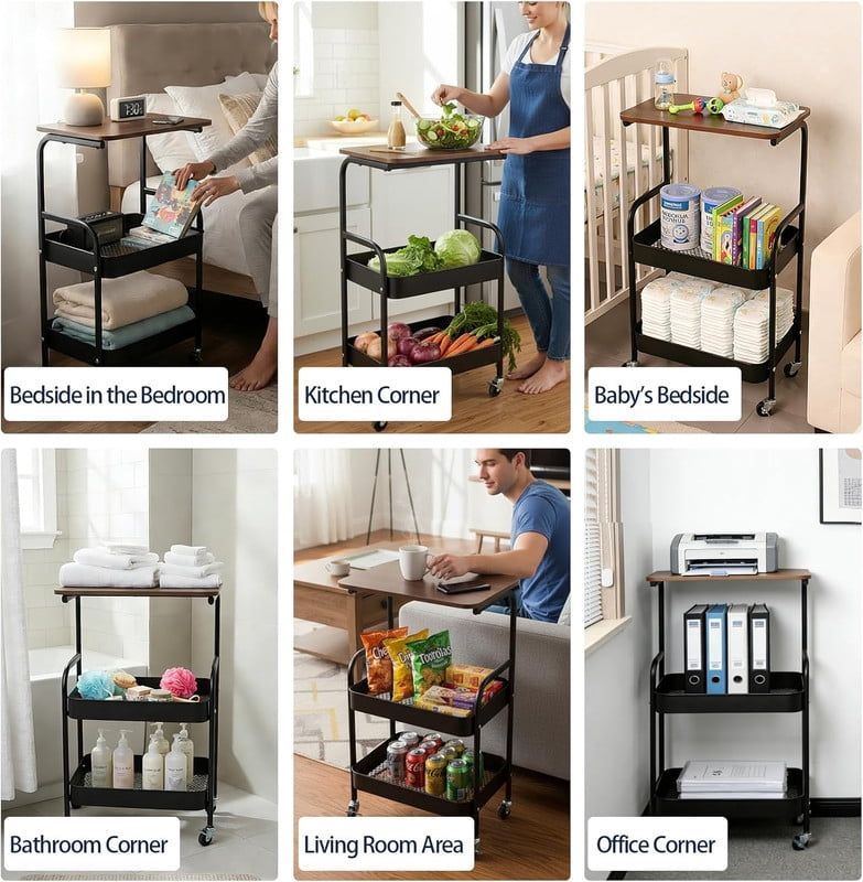 Compact Rolling Cart with Baskets and Walnut-Style Top