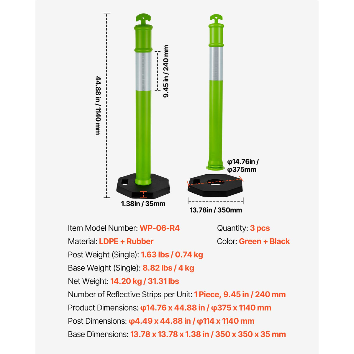 Green Traffic Delineator Post Set with Reflective Strips