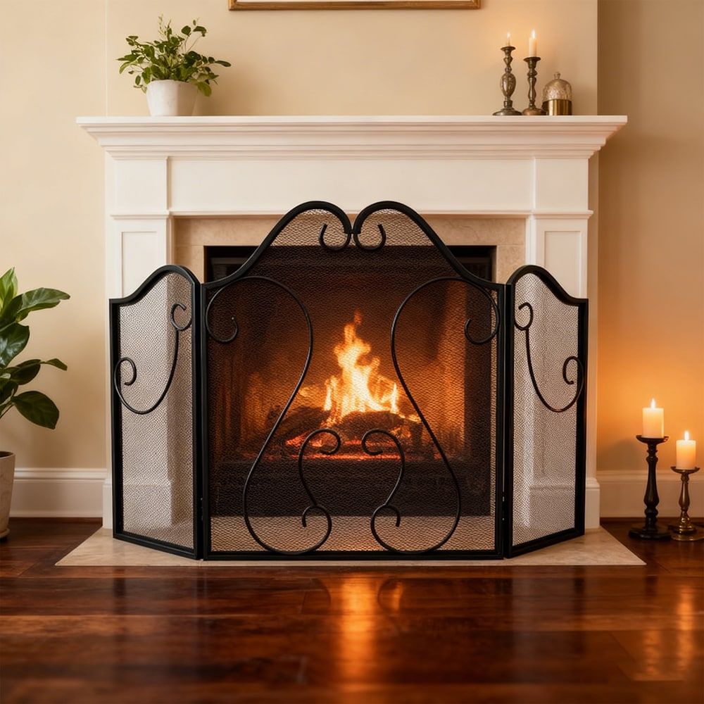 Classic Scroll Three-Panel Folding Fireplace Screen
