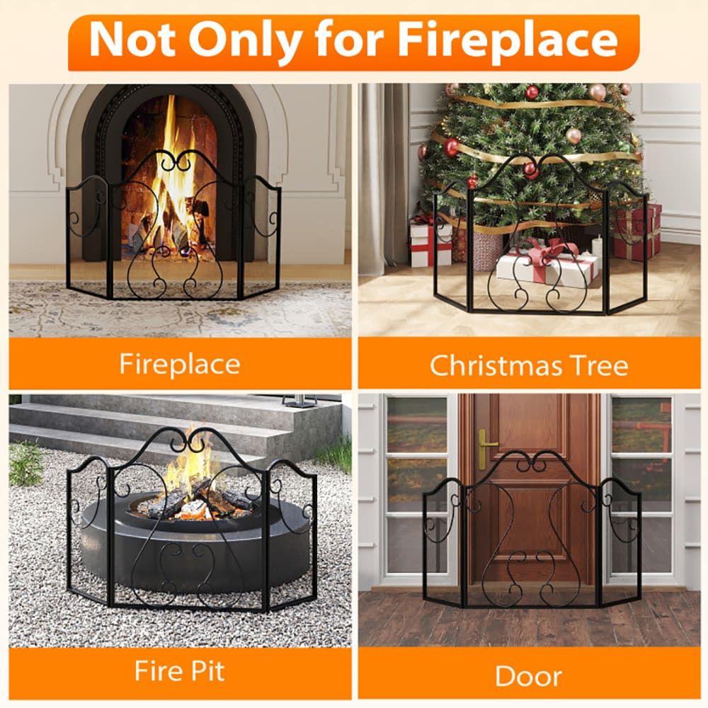 Classic Scroll Three-Panel Folding Fireplace Screen