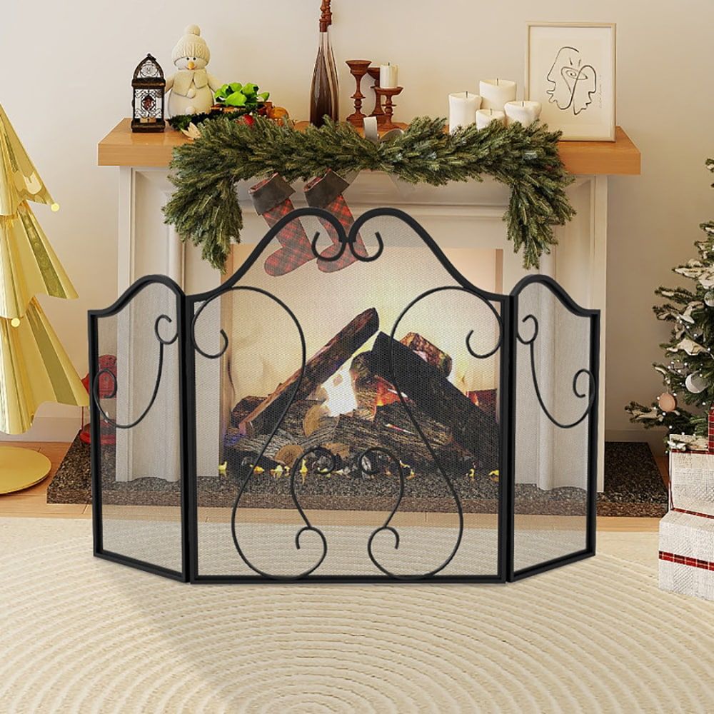 Classic Scroll Three-Panel Folding Fireplace Screen