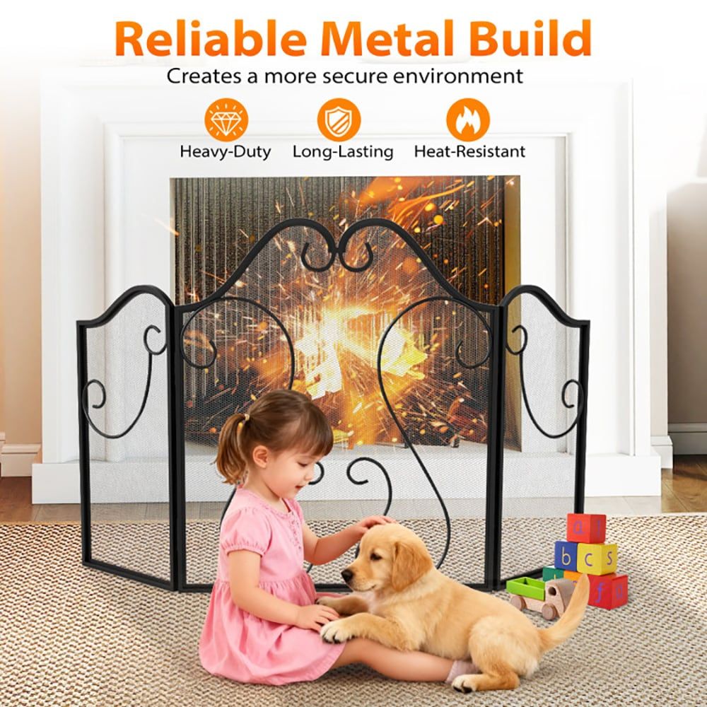 Classic Scroll Three-Panel Folding Fireplace Screen
