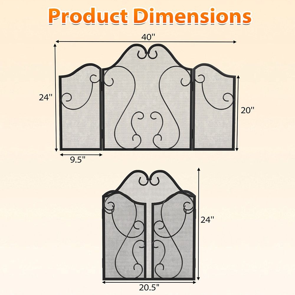 Classic Scroll Three-Panel Folding Fireplace Screen