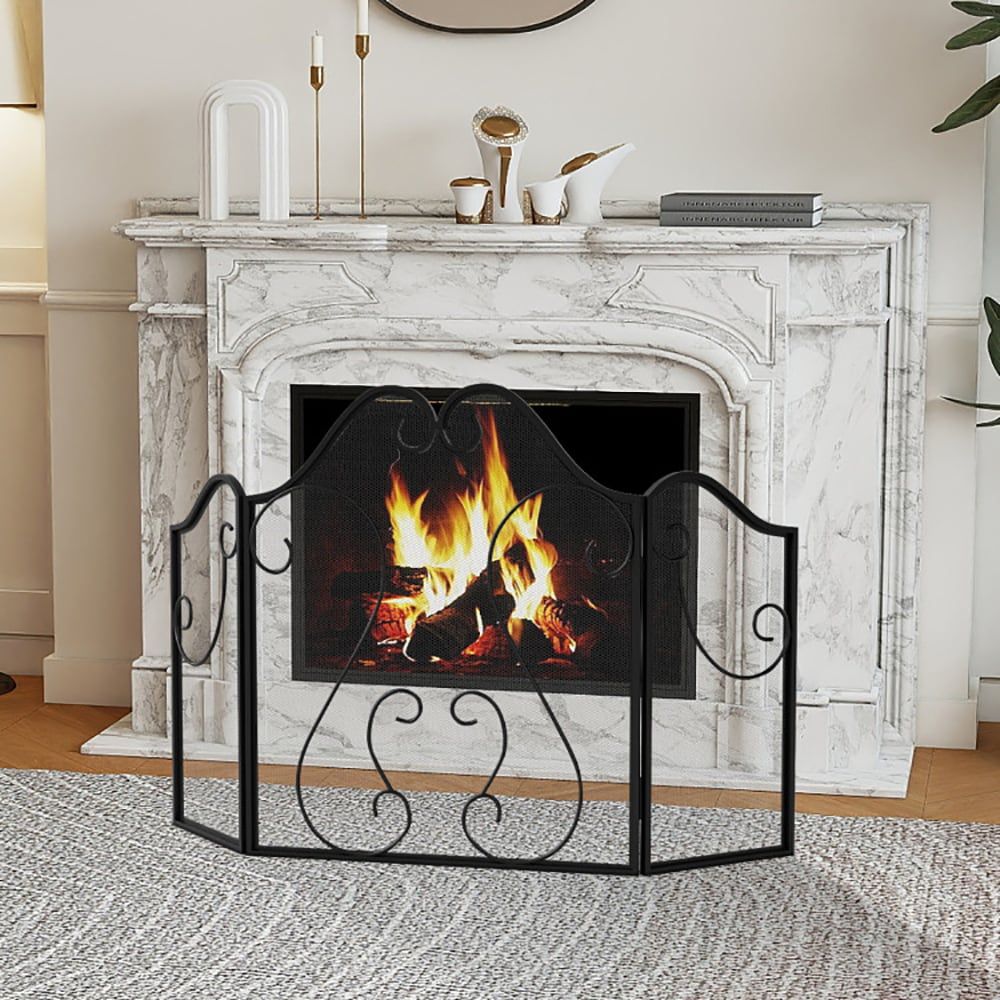 Classic Scroll Three-Panel Folding Fireplace Screen
