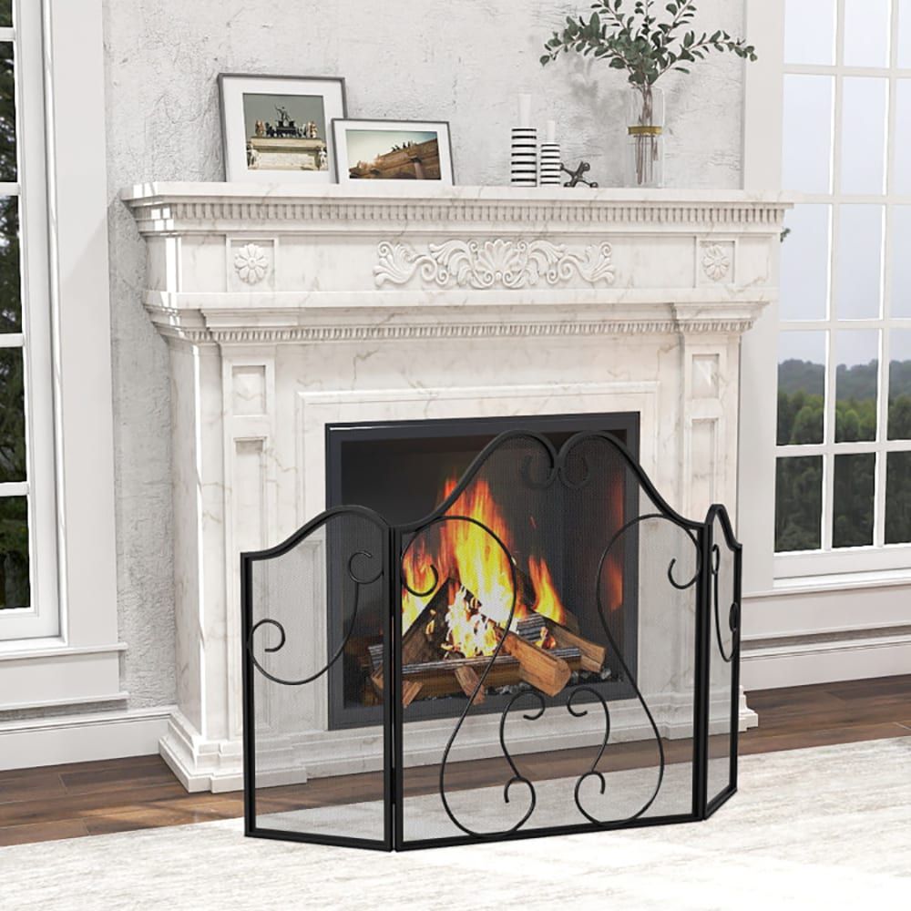 Classic Scroll Three-Panel Folding Fireplace Screen