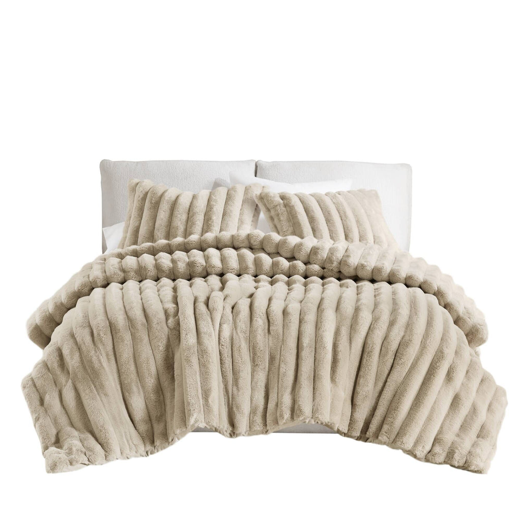 3 PCS King soft Faux Fur Ribbed Comforter Set Taupe
