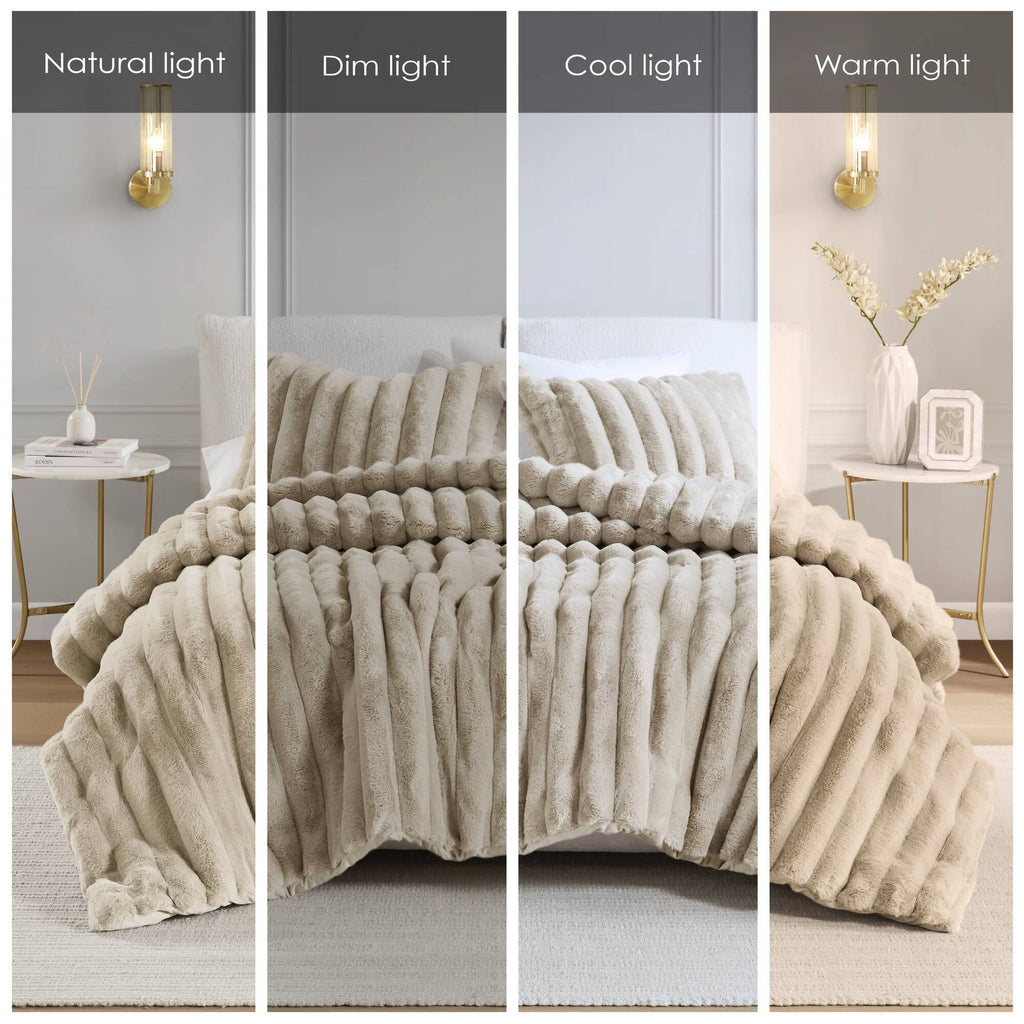 3 PCS King soft Faux Fur Ribbed Comforter Set Taupe