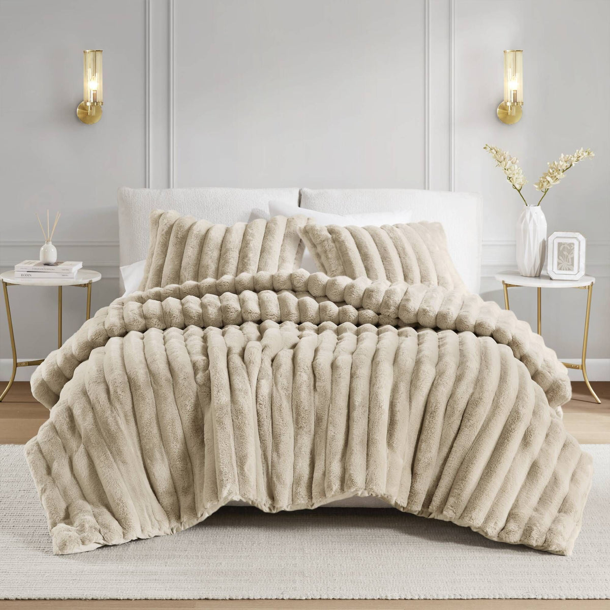 3 PCS King soft Faux Fur Ribbed Comforter Set Taupe