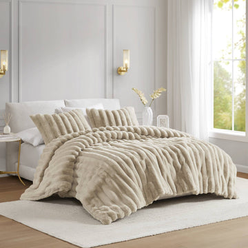 3 PCS King soft Faux Fur Ribbed Comforter Set Taupe