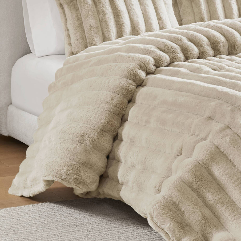 3 PCS King soft Faux Fur Ribbed Comforter Set Taupe