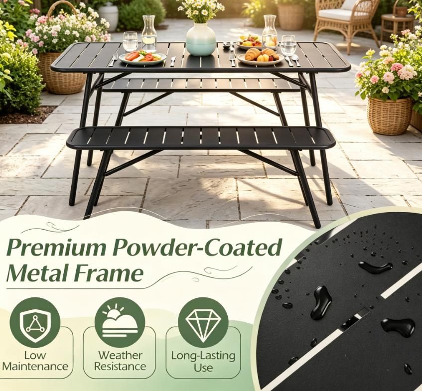 3-Piece Outdoor Dining Set with Coffee Table and 2 Benches for Backyard Patio