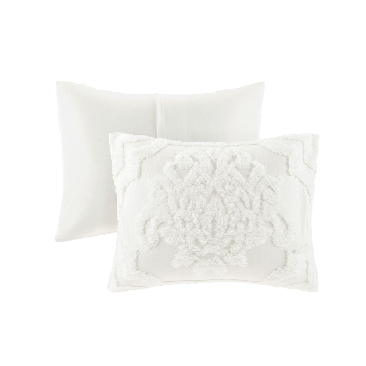 3 Piece Tufted Chenille Damask Comforter Set – Shabby Chic Bedding in Off-White