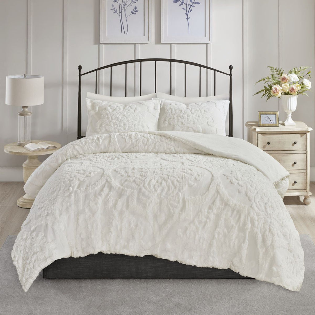 Off-White Tufted Damask Comforter Set