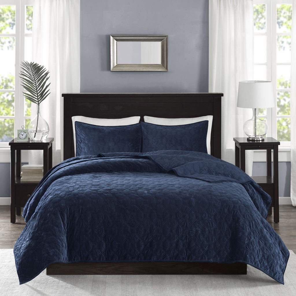 Navy Geometric Three-Piece Quilt Set
