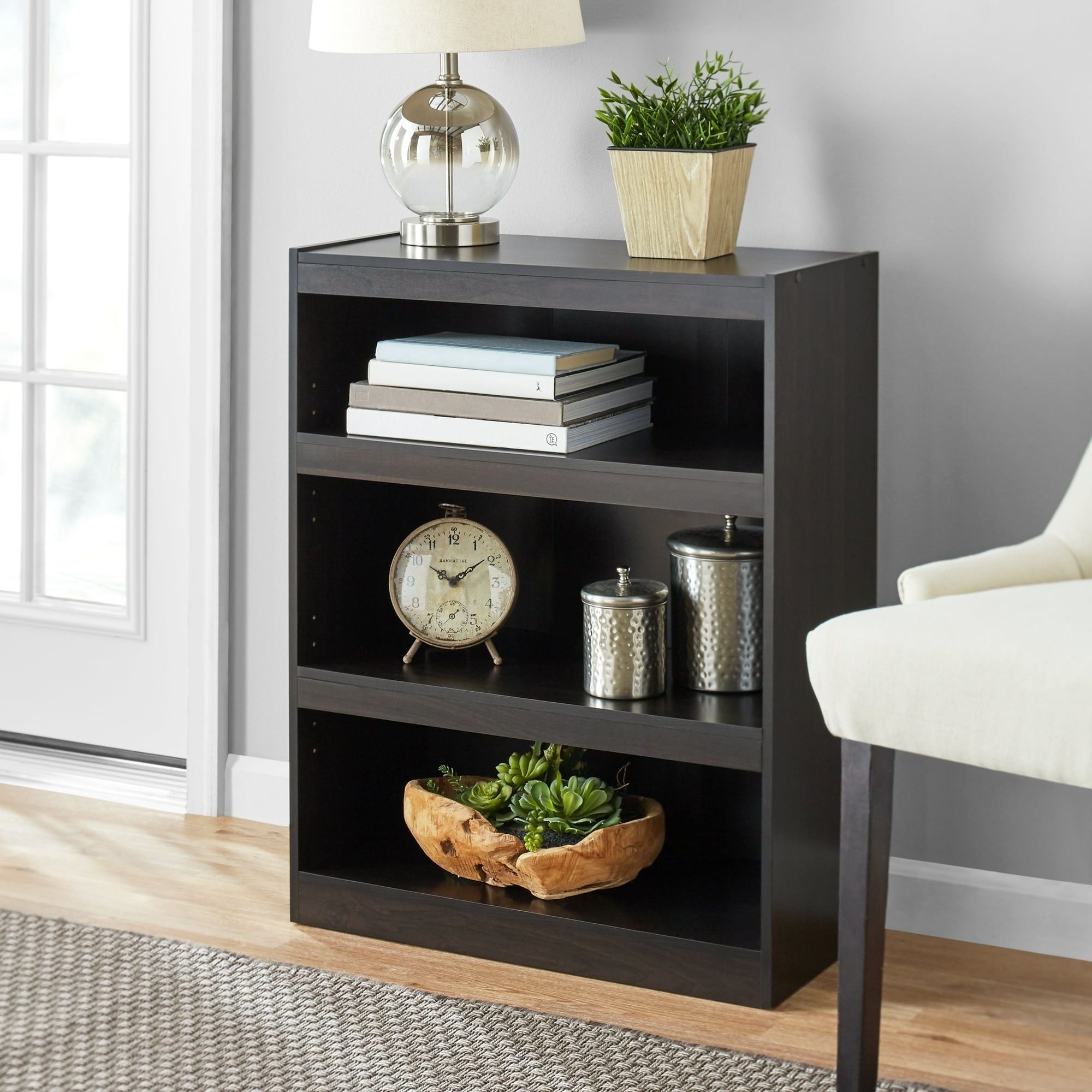 3-Shelf Framed Bookcase with Adjustable Shelves – Espresso