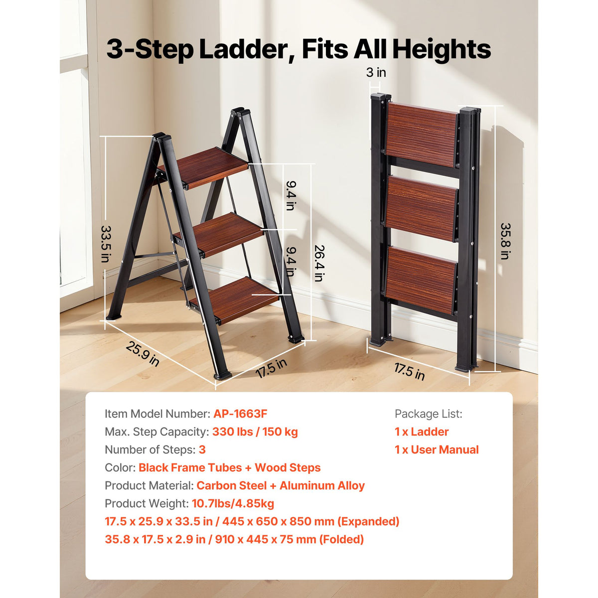 Three-Step Folding Ladder with Handgrip and Slim Storage