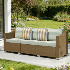 TidyCabinet Outdoor Three-Seater Wicker Sofa with Cushions and Throw Pillows, Light Gray
