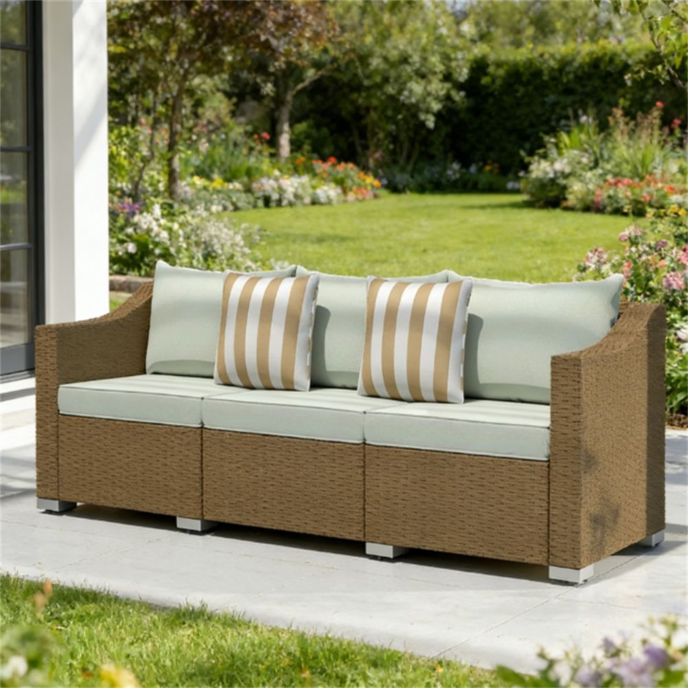 TidyCabinet Outdoor Three-Seater Wicker Sofa with Cushions and Throw Pillows, Light Gray