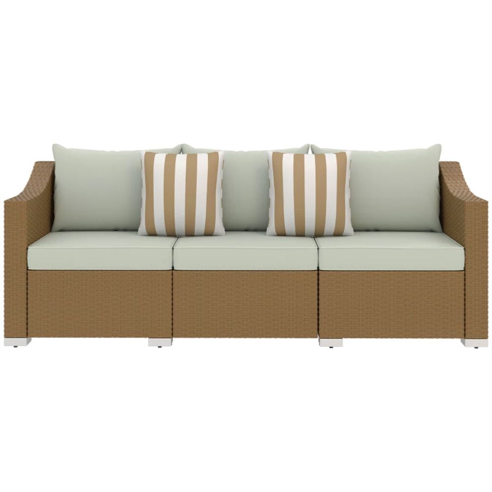 TidyCabinet Outdoor Three-Seater Wicker Sofa with Cushions and Throw Pillows, Light Gray