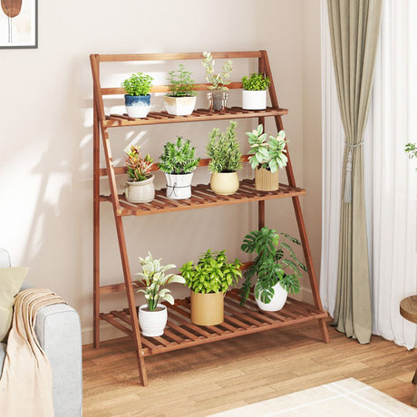 Bamboo Three-Tier Ladder Shelf for Books, Plants, and Display