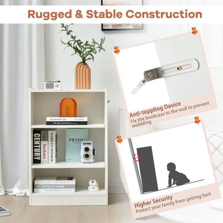 3-Tier Open Bookcase with Adjustable Shelves and Anti-Toppling Device