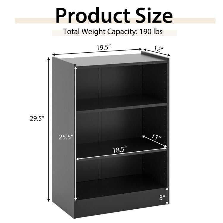 3-Tier Open Bookcase with Adjustable Shelves and Anti-Toppling Device
