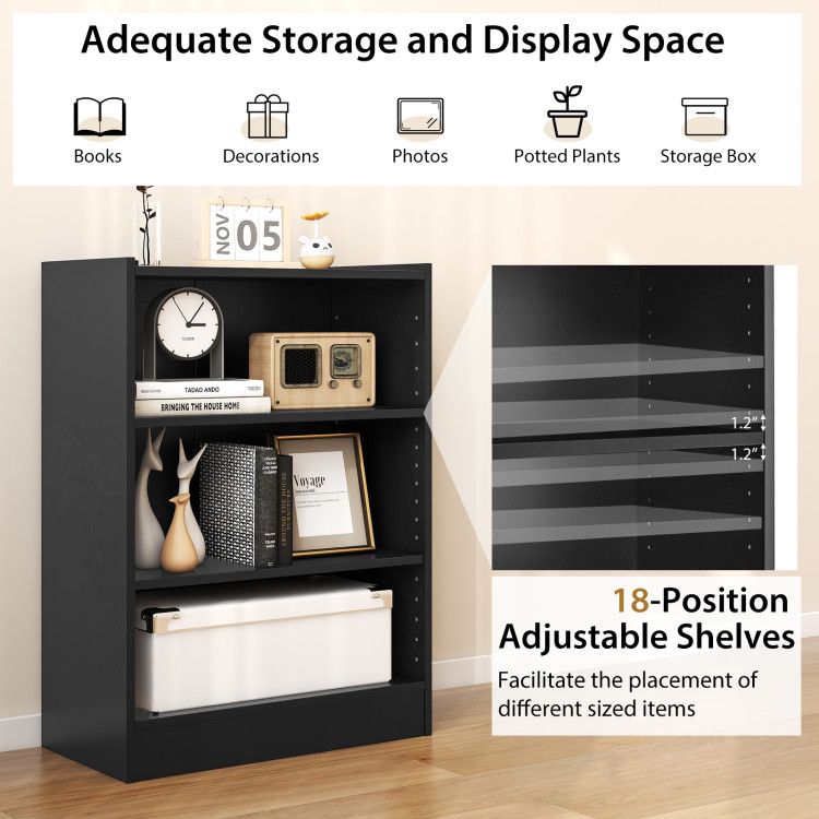 3-Tier Open Bookcase with Adjustable Shelves and Anti-Toppling Device