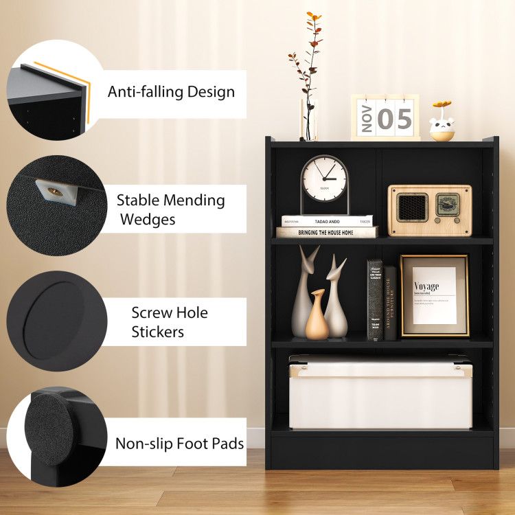 3-Tier Open Bookcase with Adjustable Shelves and Anti-Toppling Device