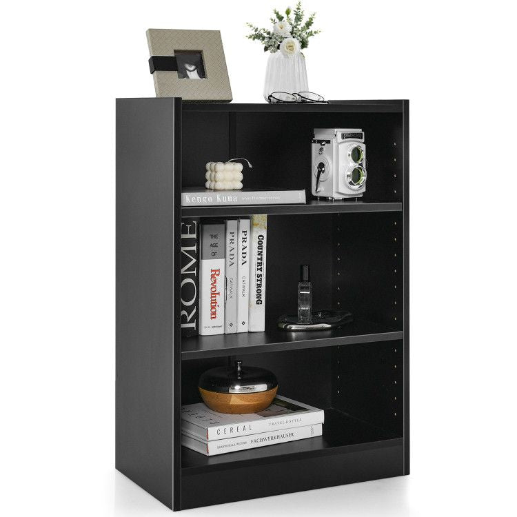 3-Tier Open Bookcase with Adjustable Shelves and Anti-Toppling Device - Black