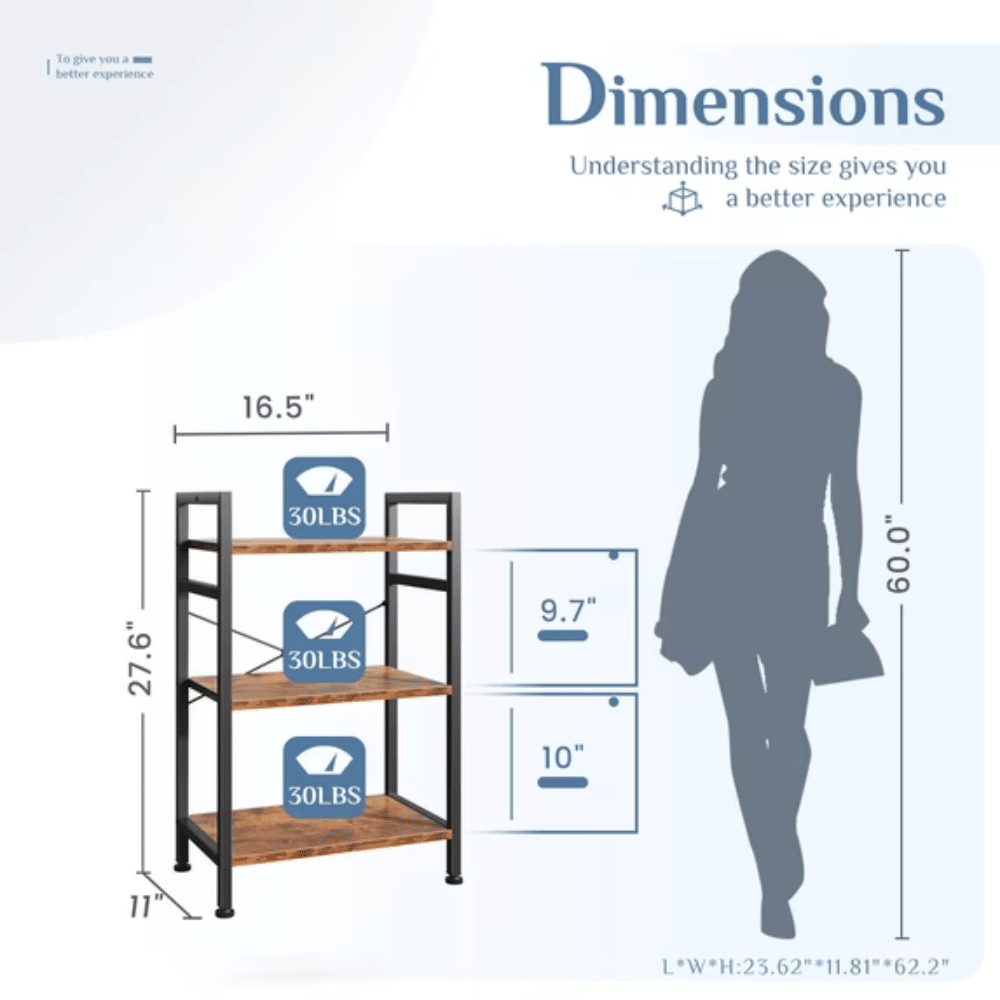3-Tier Bookshelf with X-Back Stability for Home Office or Living Room